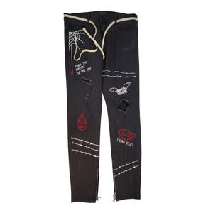 THRT Size 36 Black Distressed Jeans Graffiti Barbwire Spider Web Money Rope Belt